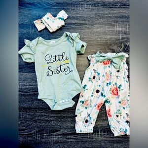 “Little Sister” 3-Piece Set. Onesie Pants Suit with Hair Bow or Belt